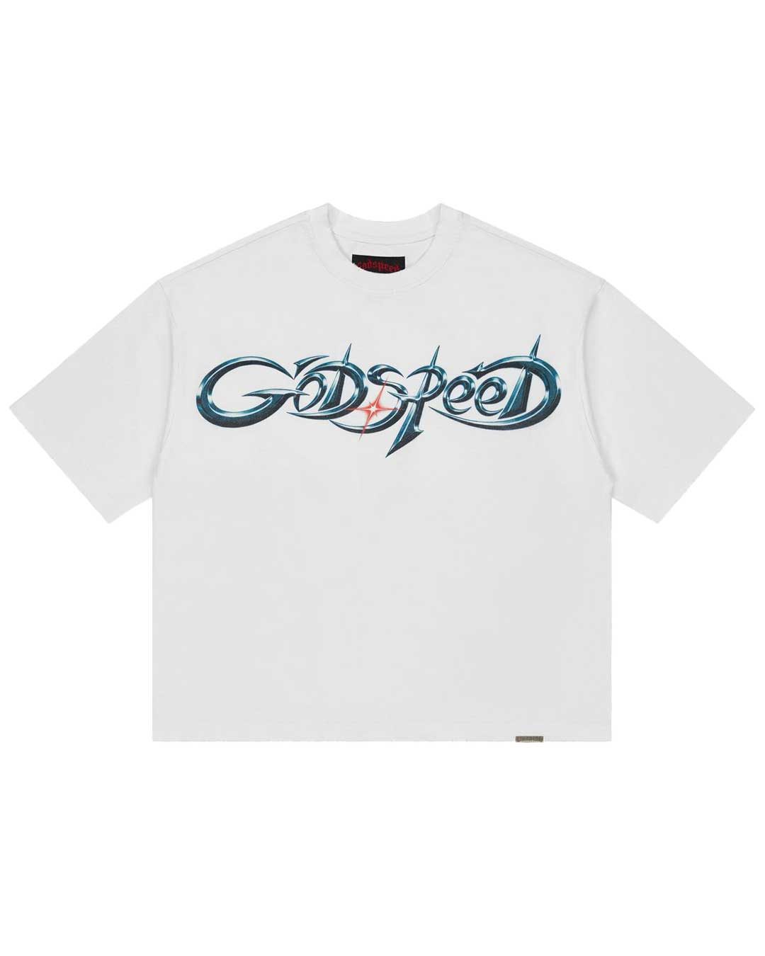 Godspeed New Age Reloaded Tee White, white cotton tee with a chrome airbrushed Godspeed wordmark and star flare, front view