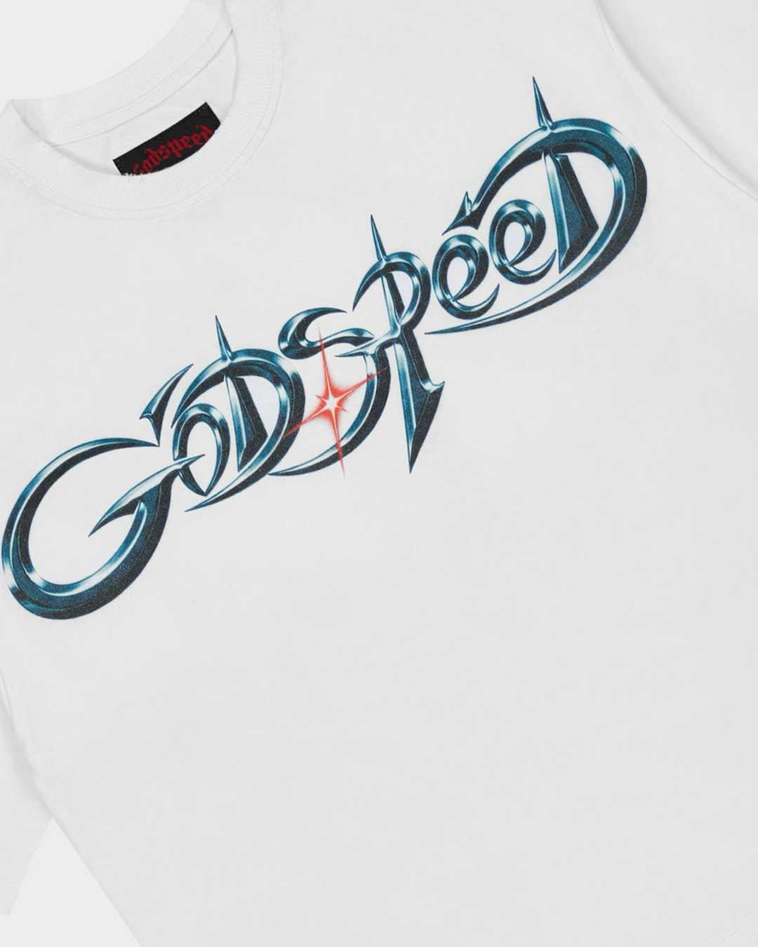 Godspeed New Age Reloaded Tee White, angled side view showing the boxy cut and raw hem