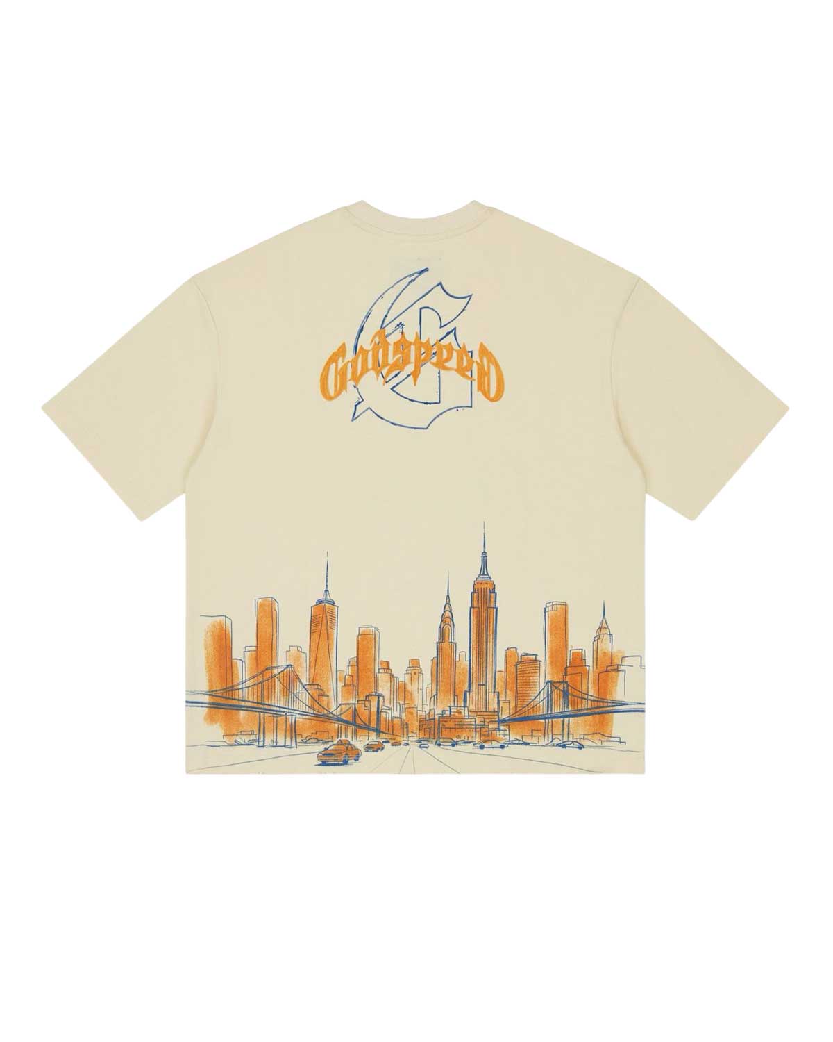 Godspeed New York Skyline Tee bone, back view with Godspeed script and New York skyline graphic
