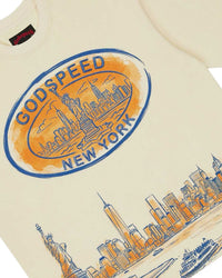 Godspeed New York Skyline Tee bone, close-up of the New York skyline print detail