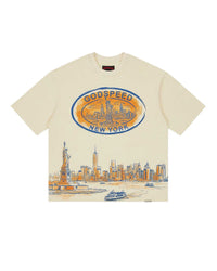 Godspeed New York Skyline Tee bone, heavyweight tee with oval crest and NYC skyline, front view