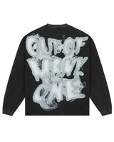 Godspeed No Risk No Reward L/S Tee black, back view with Out Of Many, One in chrome bubble lettering