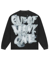 Godspeed No Risk No Reward L/S Tee black, back view with Out Of Many, One in chrome bubble lettering