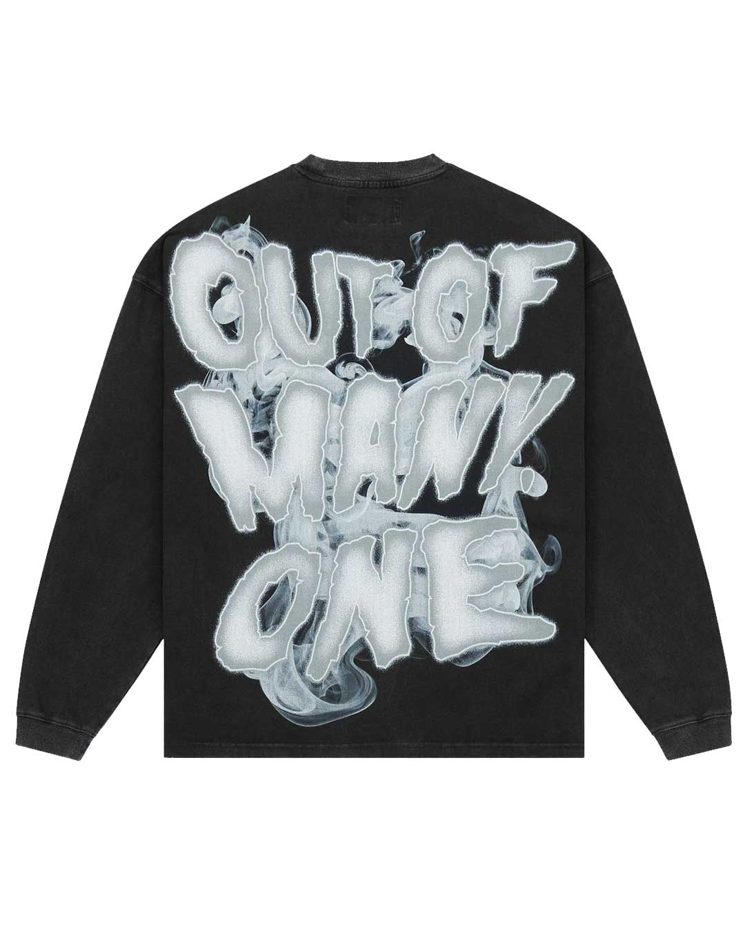 Godspeed No Risk No Reward L/S Tee black, back view with Out Of Many, One in chrome bubble lettering