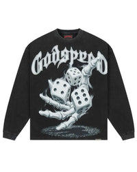 Godspeed No Risk No Reward L/S Tee black, long sleeve with a chrome skeletal hand rolling three dice, front view