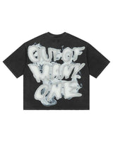 Godspeed No Risk No Reward Tee Black Wash, back view showing the smoked bubble-lettered OUT OF MANY ONE print