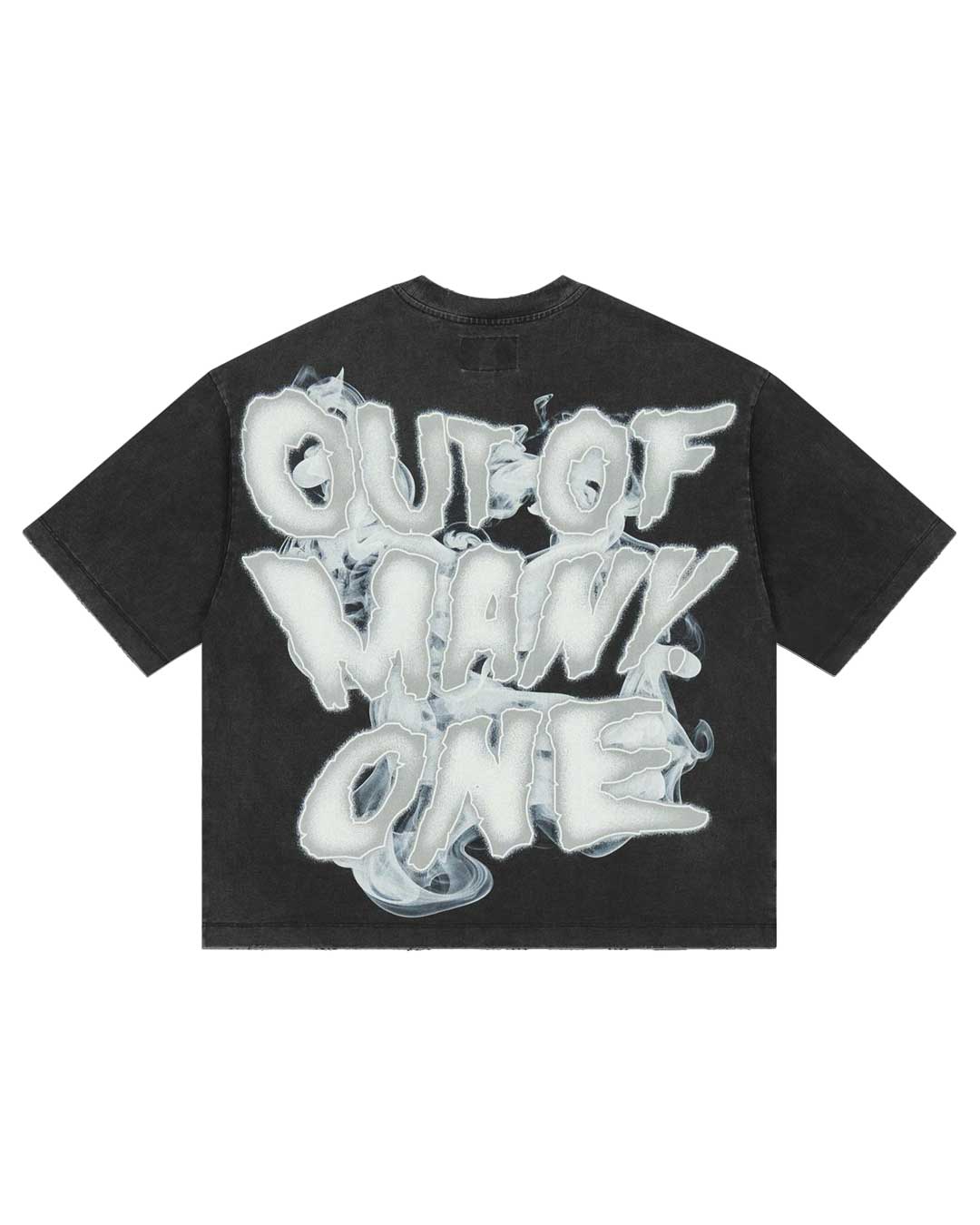 Godspeed No Risk No Reward Tee Black Wash, back view showing the smoked bubble-lettered OUT OF MANY ONE print