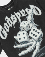 Godspeed No Risk No Reward Tee Black Wash, angled side view showing the boxy cut and raw hem