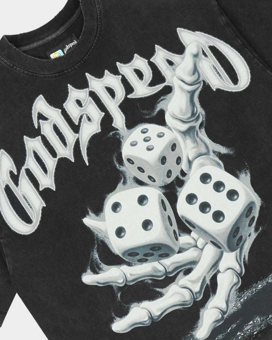 Godspeed No Risk No Reward Tee Black Wash, angled side view showing the boxy cut and raw hem