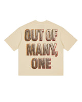 Godspeed Omerta Tee in bone, back view, bold Out Of Many One text graphic