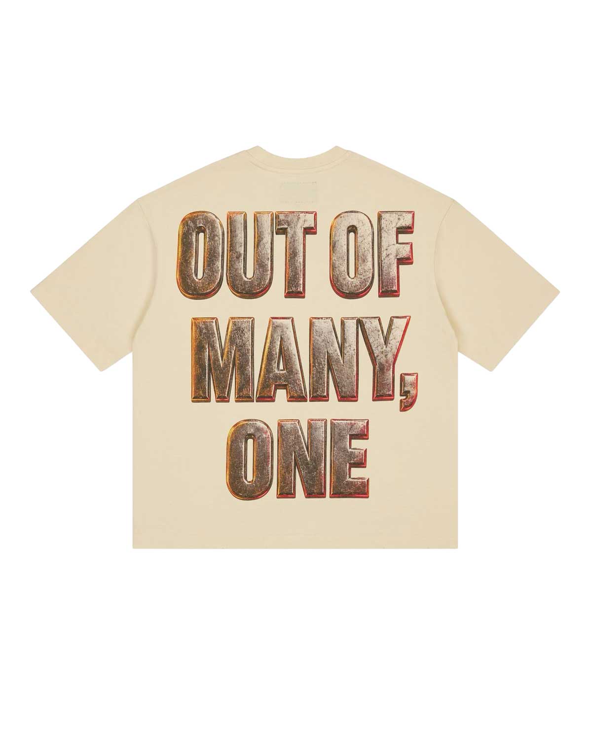Godspeed Omerta Tee in bone, back view, bold Out Of Many One text graphic