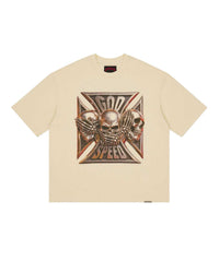 Godspeed Omerta Tee in bone, front view, iron cross badge graphic with three see-no-evil hear-no-evil speak-no-evil skulls