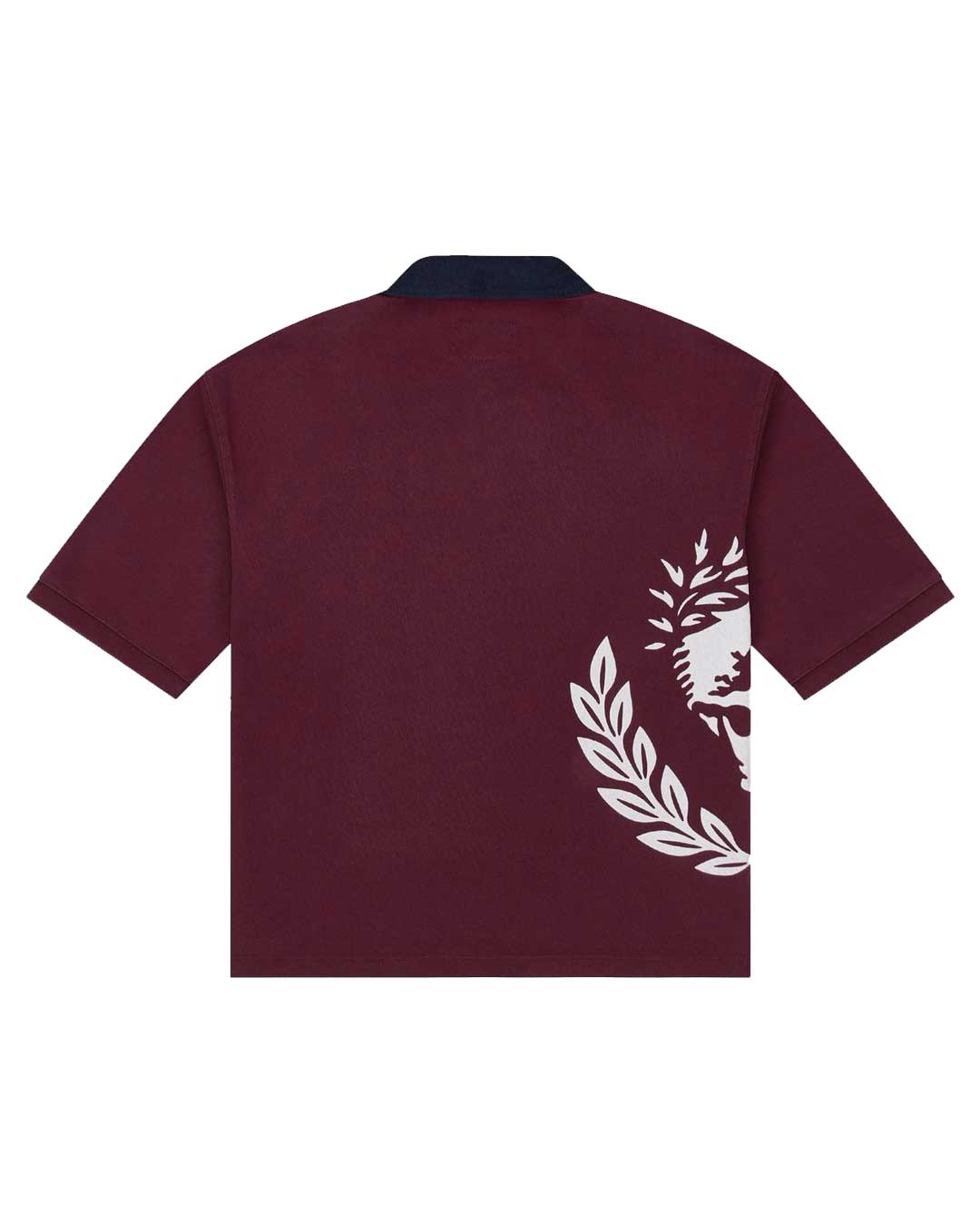 Godspeed Oversized Victor Crest Polo burgundy and navy, back view showing the laurel wreath wrapping around the side