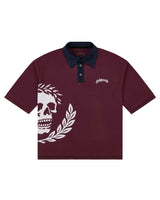 Godspeed Oversized Victor Crest Polo burgundy and navy, piqué polo with a navy collar and white skull-and-laurel crest, front view