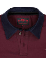 Godspeed Oversized Victor Crest Polo burgundy and navy, close-up of the navy contrast collar, button placket and woven Godspeed neck label