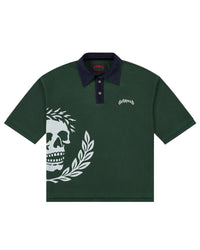 Godspeed Oversized Victor Crest Polo green and navy, piqué polo with a navy collar and white skull-and-laurel crest, front view