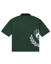 Godspeed Oversized Victor Crest Polo green and navy, back view showing the laurel wreath wrapping around the side