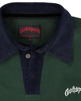 Godspeed Oversized Victor Crest Polo green and navy, close-up of the navy contrast collar, button placket and woven Godspeed neck label