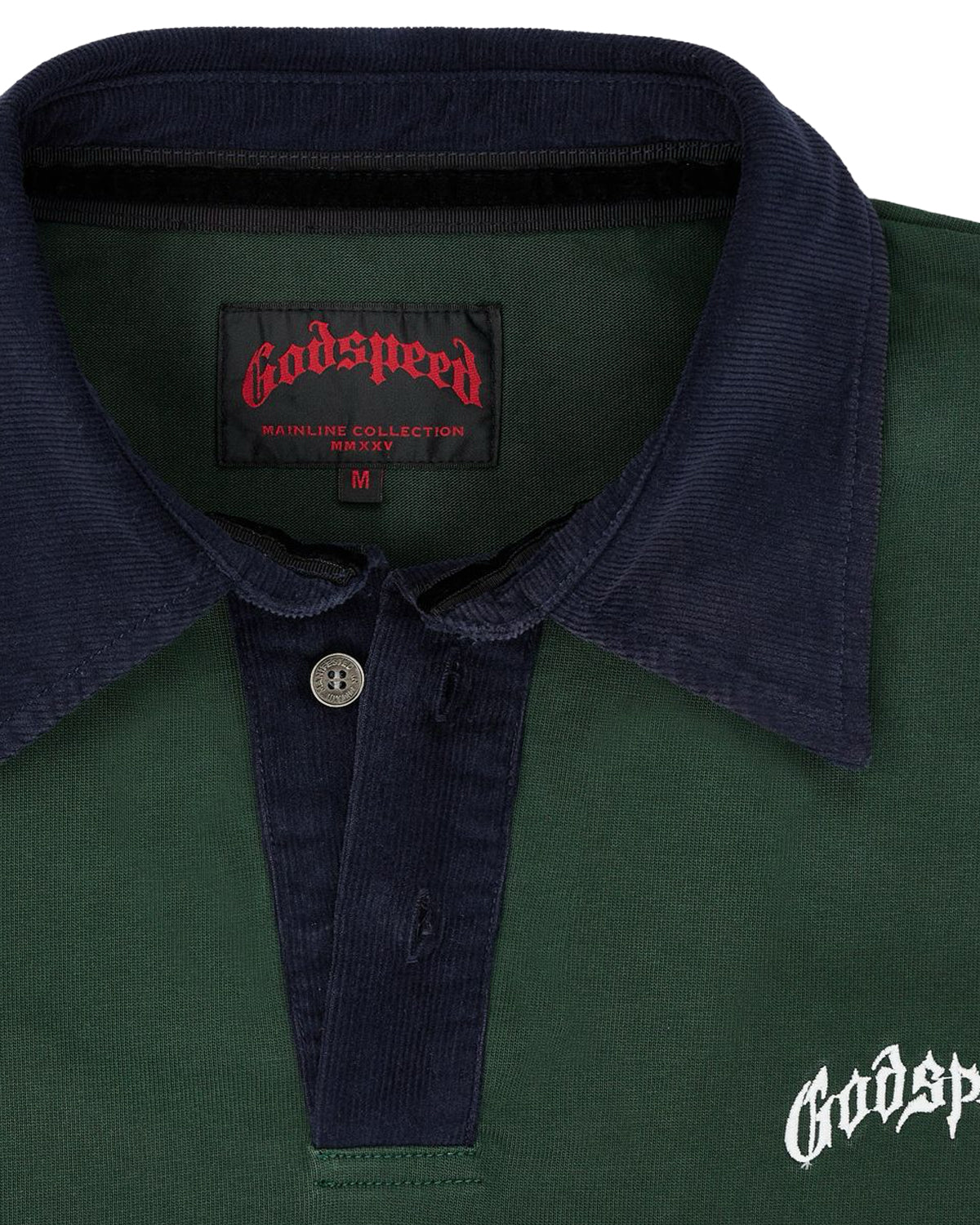 Godspeed Oversized Victor Crest Polo green and navy, close-up of the navy contrast collar, button placket and woven Godspeed neck label