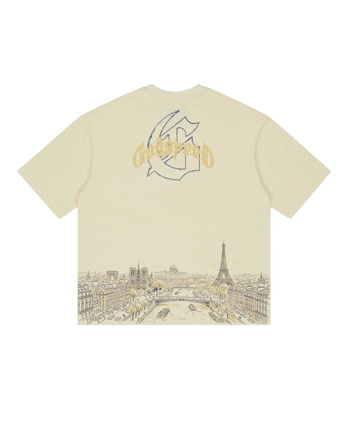 Godspeed Paris Skyline Tee bone, back view with Godspeed script and Paris skyline graphic