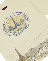 Godspeed Paris Skyline Tee bone, close-up of the Eiffel Tower skyline print detail