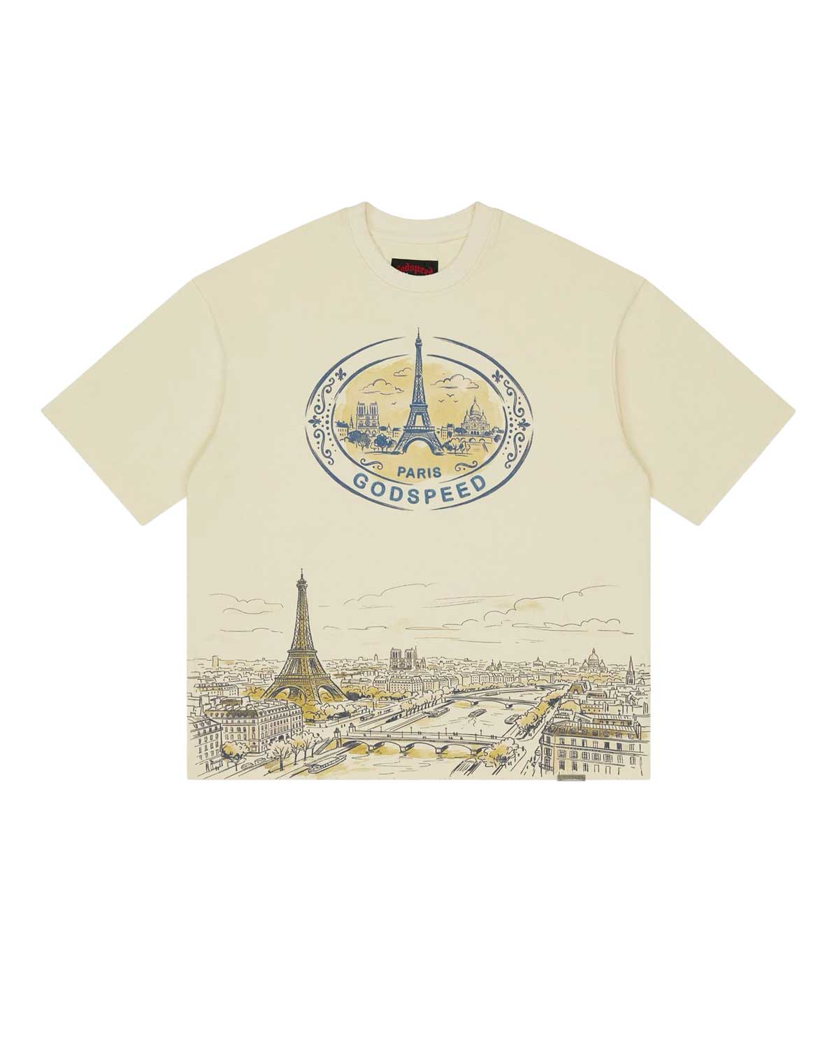 Godspeed Paris Skyline Tee bone, heavyweight tee with oval crest and Eiffel Tower skyline, front view