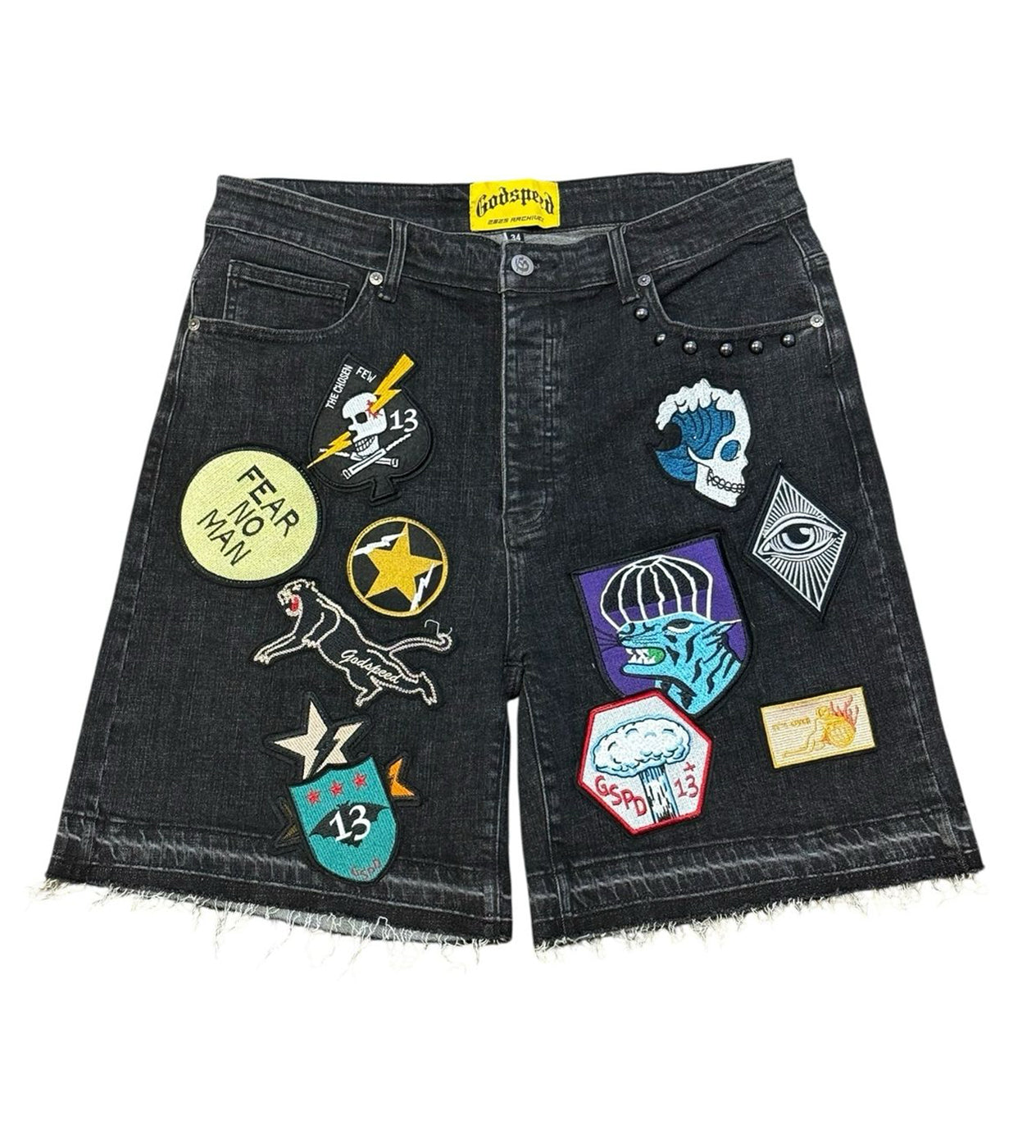 Godspeed Patchwork Brand Boom Denim Shorts Black