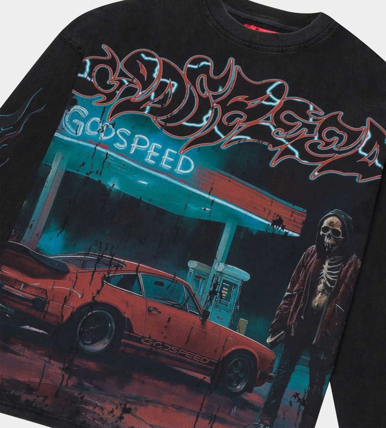 Godspeed Pitstop L/S Tee Washed Black front detailed view