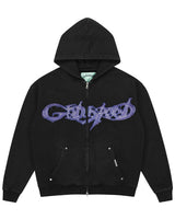 Godspeed Raw Import Sweatsuit black/blue, zip hoodie with blue-violet graffiti lettering across the chest, front view
