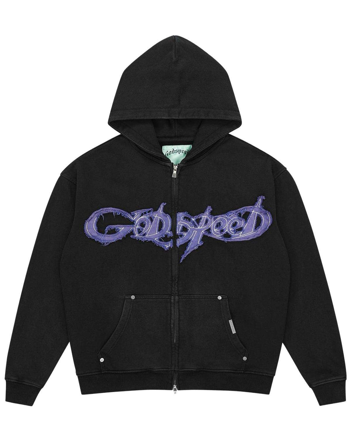 Godspeed Raw Import Sweatsuit black/blue, zip hoodie with blue-violet graffiti lettering across the chest, front view