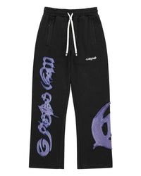 Godspeed Raw Import Sweatsuit black/blue, flared sweatpants front view with blue-violet graffiti on the legs