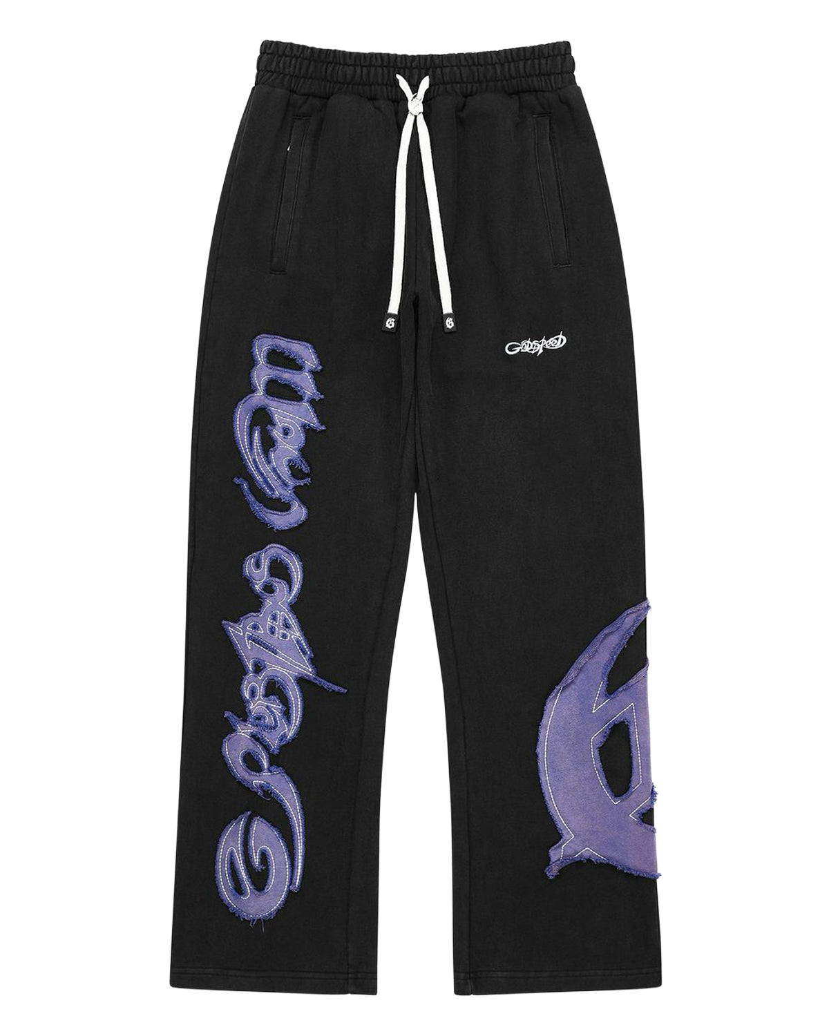 Godspeed Raw Import Sweatsuit black/blue, flared sweatpants front view with blue-violet graffiti on the legs