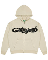Godspeed Raw Import Sweatsuit bone/black, zip hoodie with black graffiti lettering across the chest, front view