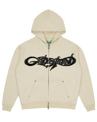 Godspeed Raw Import Sweatsuit bone/black, zip hoodie with black graffiti lettering across the chest, front view