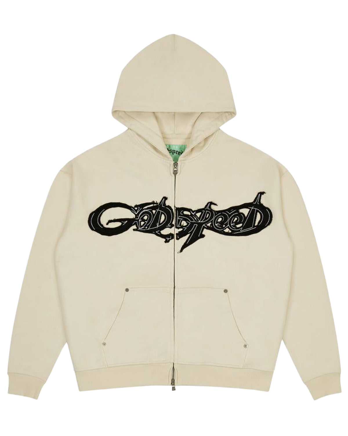 Godspeed Raw Import Sweatsuit bone/black, zip hoodie with black graffiti lettering across the chest, front view