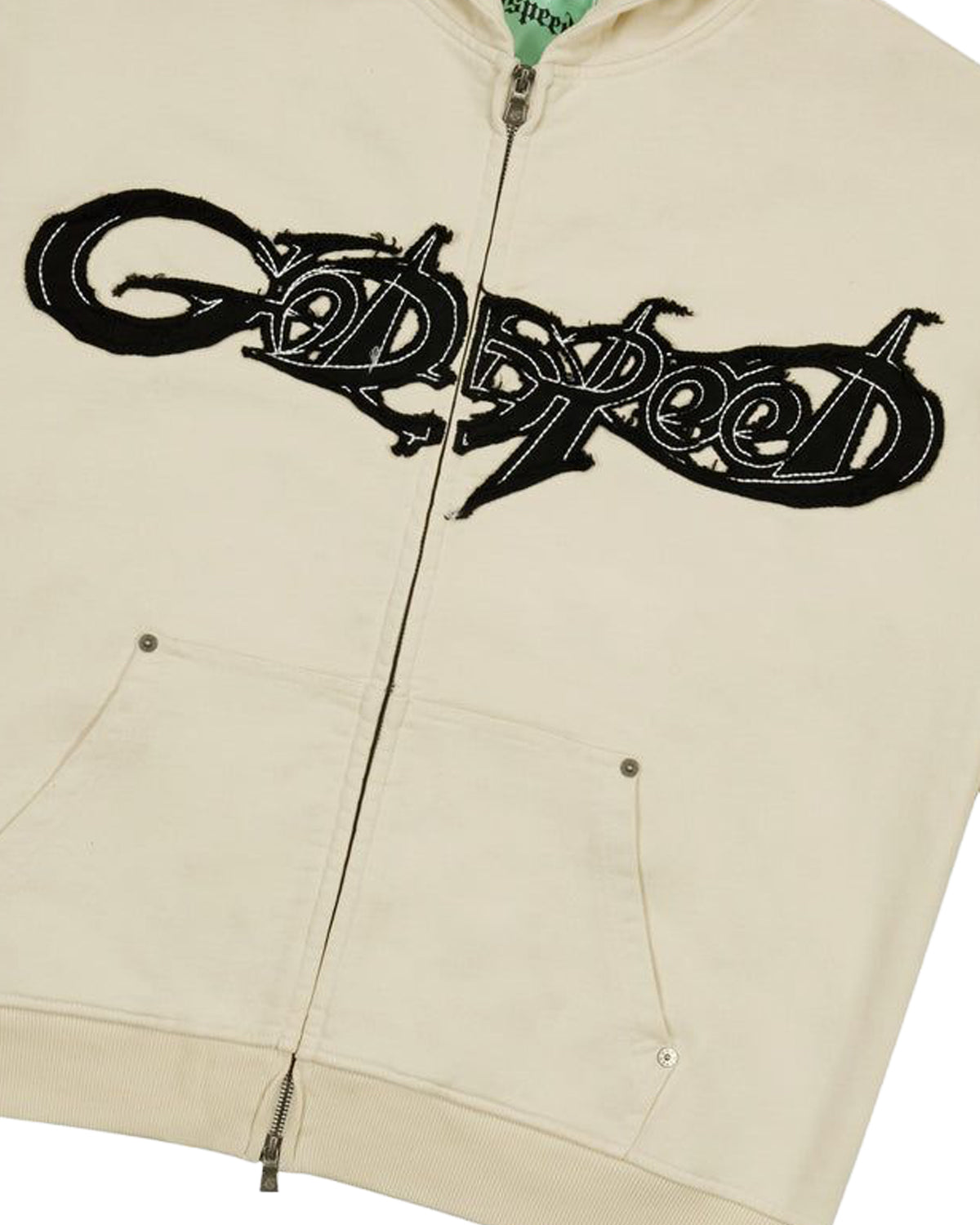 Godspeed Raw Import Sweatsuit bone/black, close-up of the black graffiti lettering on the hoodie chest