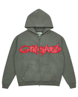Godspeed Raw Import Sweatsuit grey/red, zip hoodie with red graffiti lettering across the chest, front view