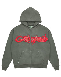 Godspeed Raw Import Sweatsuit grey/red, zip hoodie with red graffiti lettering across the chest, front view