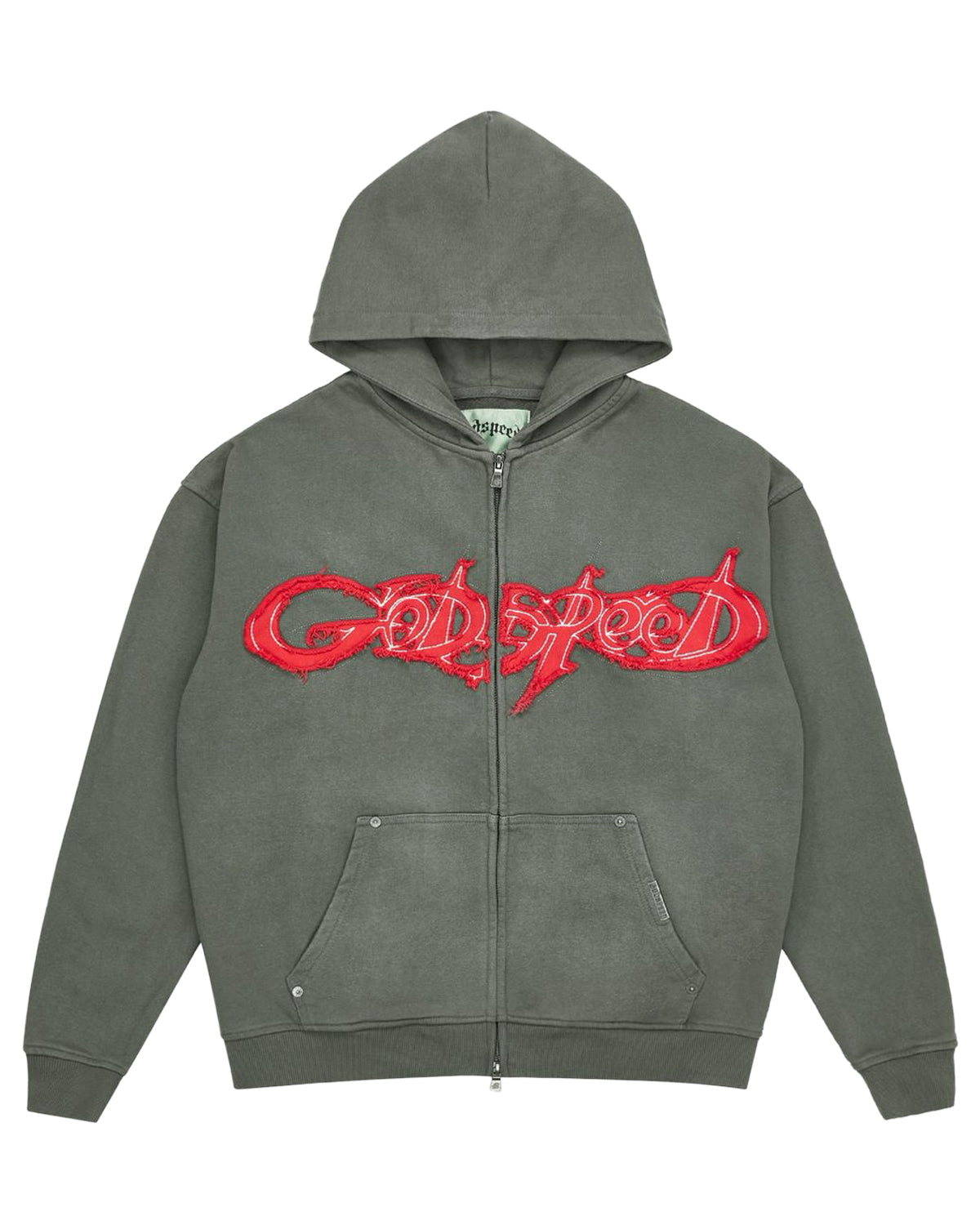 Godspeed Raw Import Sweatsuit grey/red, zip hoodie with red graffiti lettering across the chest, front view