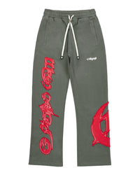 Godspeed Raw Import Sweatsuit grey/red, flared sweatpants front view with red graffiti on the legs