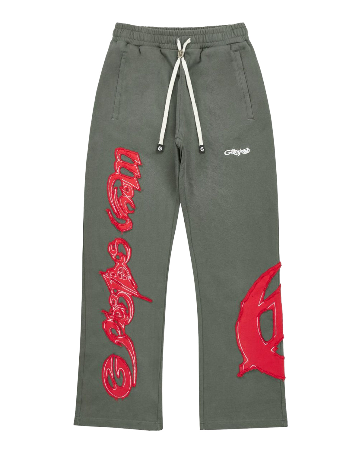 Godspeed Raw Import Sweatsuit grey/red, flared sweatpants front view with red graffiti on the legs