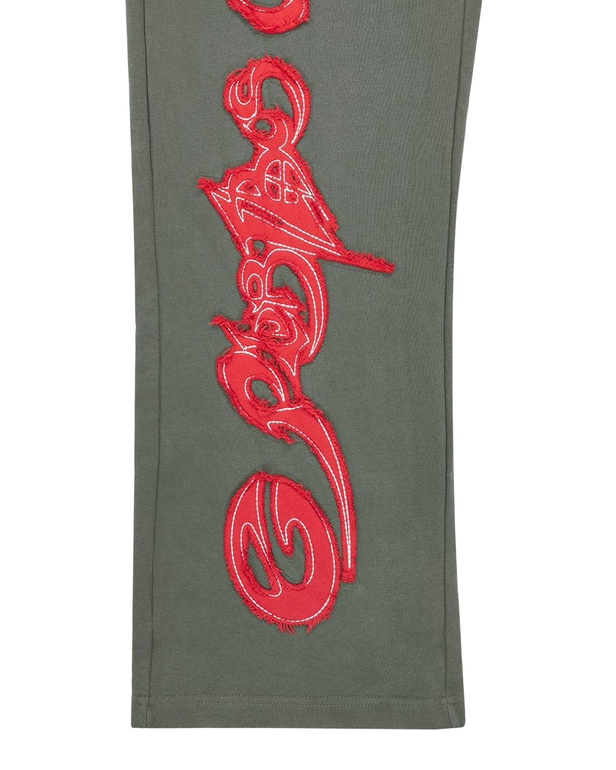 Godspeed Raw Import Sweatsuit grey/red, close-up of the red graffiti print down the pant leg