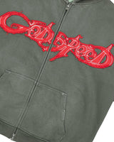 Godspeed Raw Import Sweatsuit grey/red, close-up of the red graffiti lettering on the hoodie chest