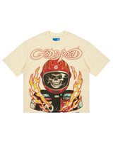 Godspeed Road Rage NG Tee bone, skeleton racer in flame helmet with Godspeed script, front view