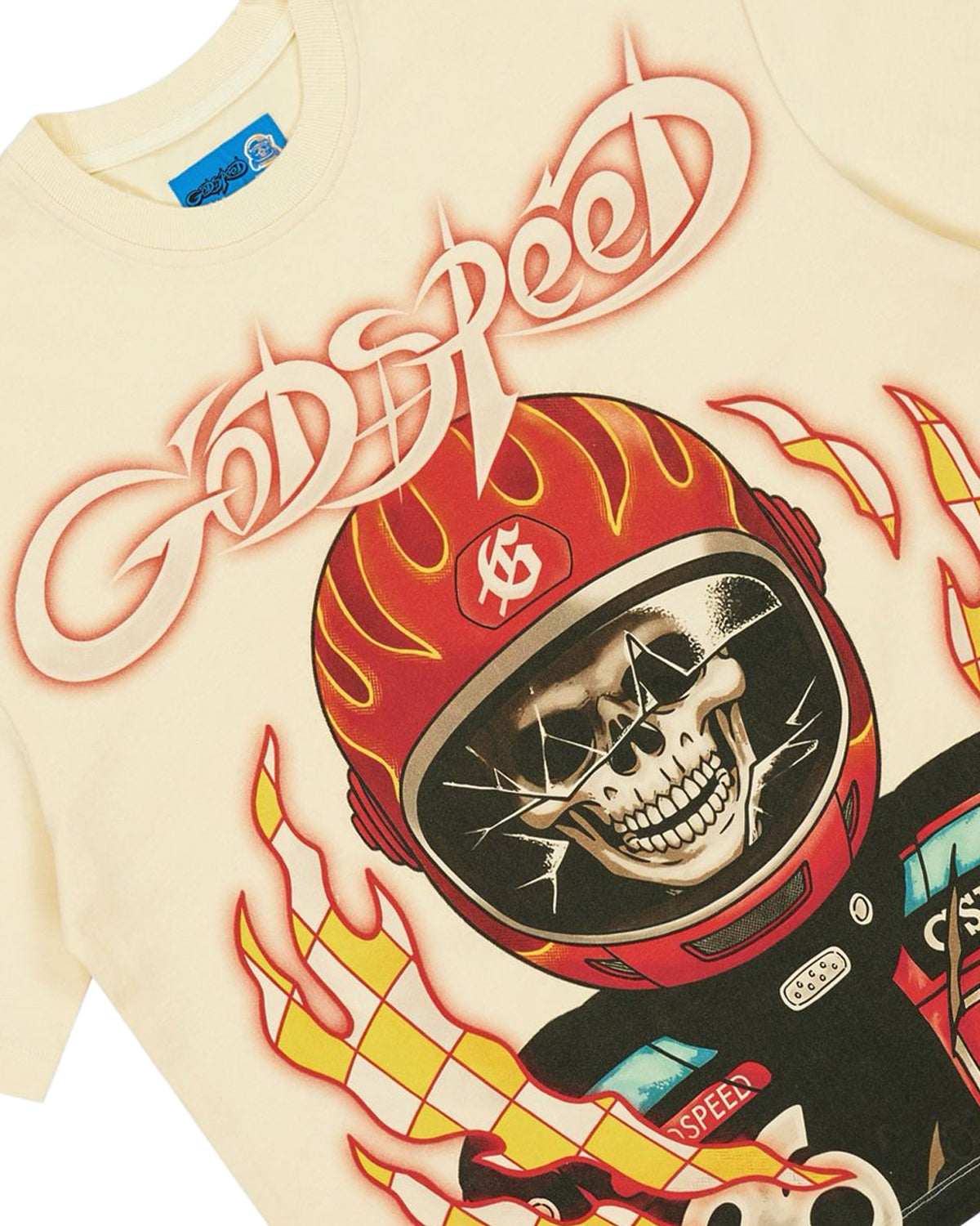 Godspeed Road Rage NG Tee bone, close-up of the skeleton racer helmet graphic