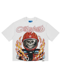 Godspeed Road Rage NG Tee white, cotton tee with a skeleton driver in a flame-painted racing helmet, front view