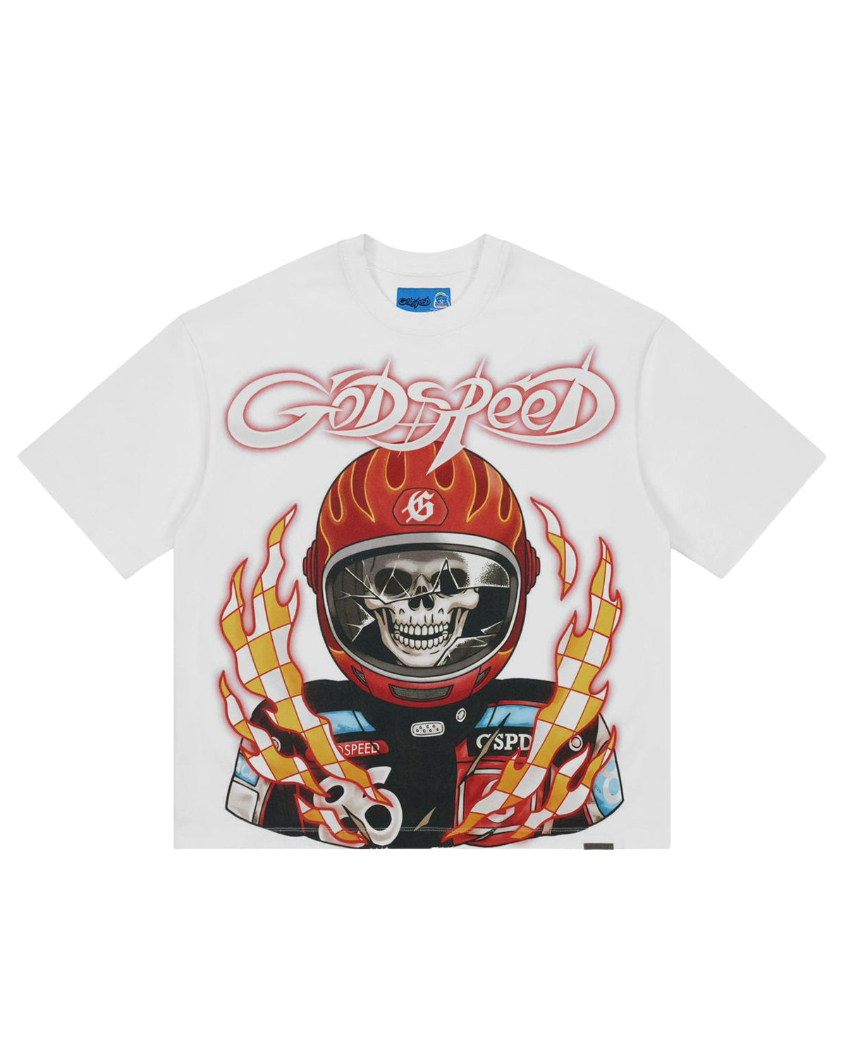 Godspeed Road Rage NG Tee white, cotton tee with a skeleton driver in a flame-painted racing helmet, front view