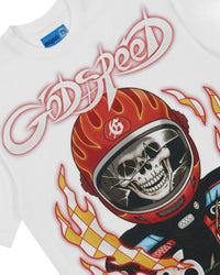 Godspeed Road Rage NG Tee white, angled close-up of the flaming racing helmet and pink chrome Godspeed script