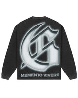 Godspeed Silencio L/S Tee black, back view with a large chrome Gothic G above Memento Vivere