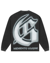 Godspeed Silencio L/S Tee black, back view with a large chrome Gothic G above Memento Vivere